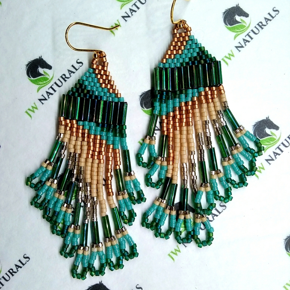 🍁HP🍁Handmade Green Camo Beaded Fringe Earrings NWT